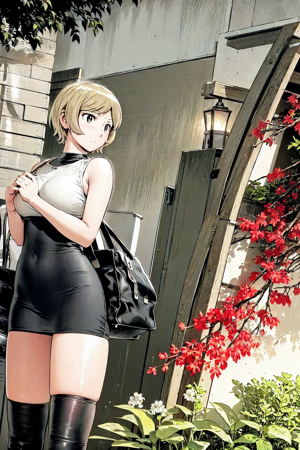 、(masterpiece、Highest quality)、Highest quality, Ultra-high resolution, (((masterpiece))), alone, Sweat、Big eyes, Sleeveless、Outdoor、Floral Dress、Composition from the front、(後ろCut your hair short、short hair、blonde、woman)、Shortcuts、Embarrassed face、Cut your hair short、可愛いwomanの子、Big Breasts、Browsing Caution