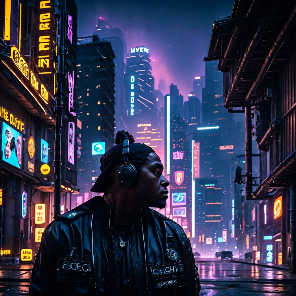 progressive hip hop music album cover, half light, half shadow, face of a man looking forward with a sad look,with this letter, dark futuristic realistic Title: "Between Shadows and Hope"