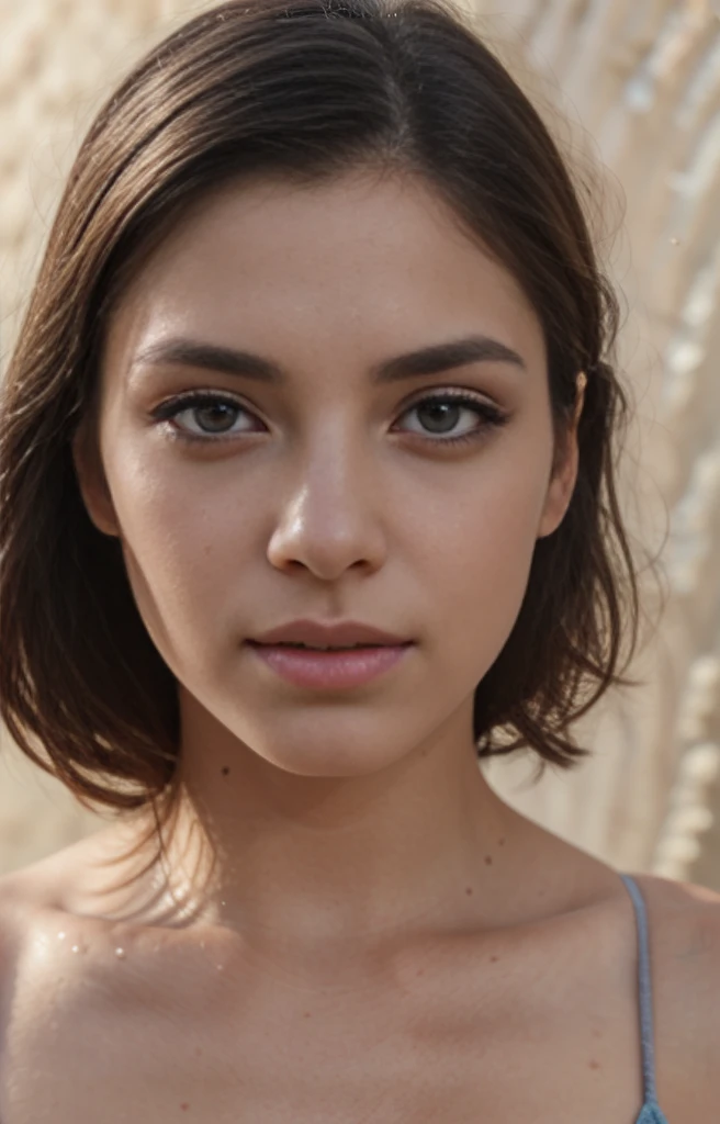 a woman with beautiful detailed eyes, beautiful detailed lips, extremely detailed face and skin, long eyelashes, in a close up fragment photo, ripple indigo stains background, sand wall, gloss, white monochrome, high quality, 8k, realistic, photorealistic, ultra-detailed, studio lighting, sharp focus, physically-based rendering, professional, vivid colors, bokeh