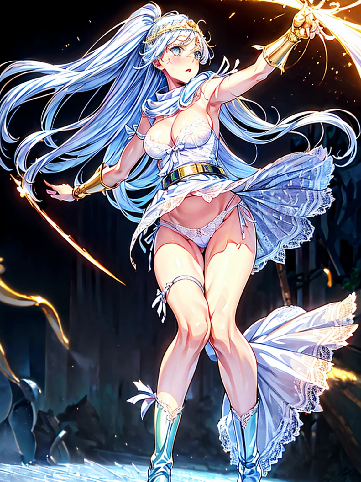((One woman is shooting fireballs from a stick., Cast magic, The skirt is flipping in the wind:1.3), Beautiful Anime Women, Beautiful art style, Anime characters, ((Smooth texture, Realistic texture, Anime CG Style)), ((Highest quality)), (Very detailed), (Very detailed CG 統合 8k 壁紙), Very detailed, High-resolution RAW color photos, Professional photography, (Blue Hair), Great face and eyes, Beautiful and big breasts, Slender body, (Stunningly beautiful woman), (Detailed face:1.2), (castle town:1.3), ((Yellow Circlet, White Dress, belt, Cape, boots, (Sexy and cute white underwear:1.3), (Stylish shiny white satin panties, Side-tie panties, Panties with plain white center and lace decoration on the sides:1.3), (Thin panties:1.3):1.3), Exact number of arms, Exact number of legs, Perfect Anatomy, (Embarrassed expression, Surprised expression), Angle from the front, Exact finger count、Exact number of legs、(Exact number of arms:1.0, Exact number of hands:1.0), (Perfect hands, Perfect Anatomy), wise \(dq3\)