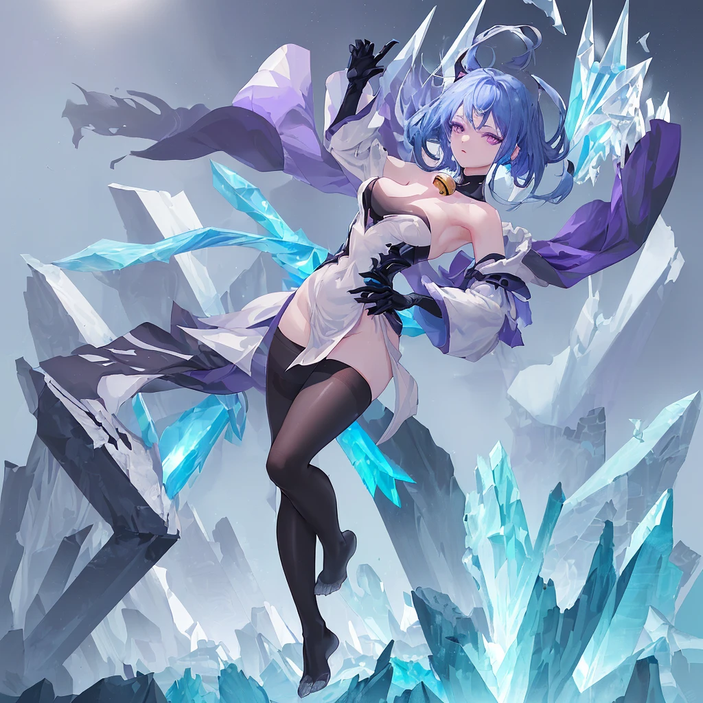 One girl, alone, whole body, Hired_Genshin Impact, Long Hair, Blue Hair, Purple eyes, horn, Exposing shoulders, Neck bell, Black Pantyhose, Removable sleeves, Black gloves, Pelvic Curtain, Outdoor, Mountain, ice-flurry, ice-arrow, ice, crystallization, ice flower, magic, Dynamic pose, Has a bow weapon,(masterpiece, Highest quality, Highest quality), pixel,pixel art,One girl,whole body,Huge breasts,Fox Mask,(Machine Brainwashing)