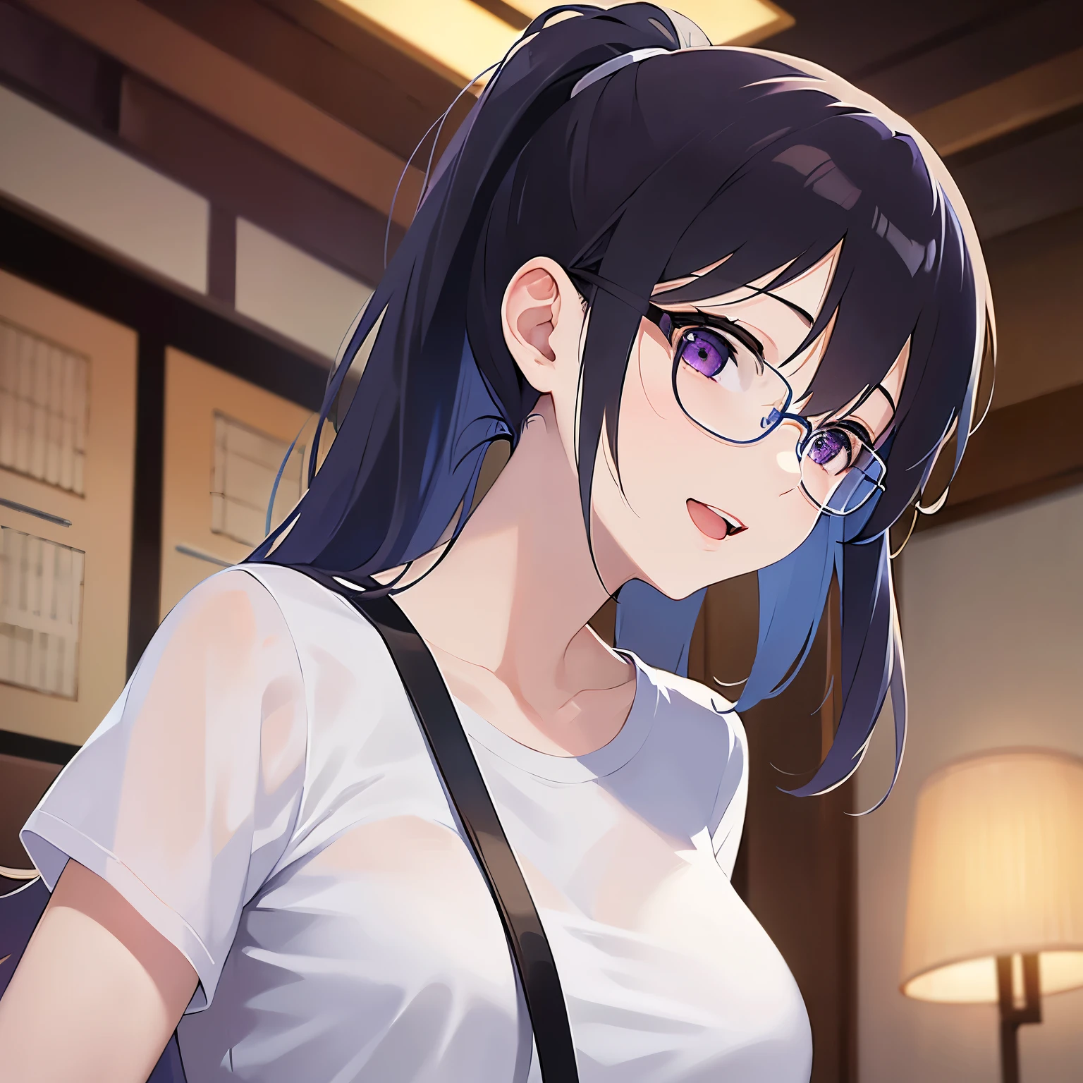 hand up, Biologically correct five fingers、plastic frame eyewear、Upper Body, Realistic, real person, (pale skin: 1.2), RAW photo, photorealistic, shiny skin, shiny hair、(25 year old woman with bangs) and (ponytail) and (black hair) and (purple eyes) , (White T-shirt） 、smile , open mouth, (drunk:1.2), The background is the living room at night、Alone、Are standing、