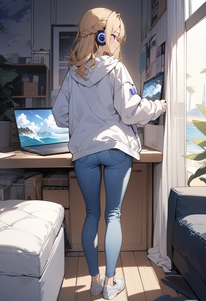 masterpiece, best quality, extremely detailed, ultra detailed, flat anime, 2D,
1girl, (young adult:1.2),blonde hair, (semi-long hair:1.2), curly hair, french braid, medium breasts, tsurime, purple eyes, height 1.7meters,
white hooded sweatshirt, jeans, earring,bracelet, long sleeves, ((Bluetooth small earphone)),
Back view of a laptop computer,Operating a laptop computer,
from behind, full body,
summer, livingroom, 12AM., standing