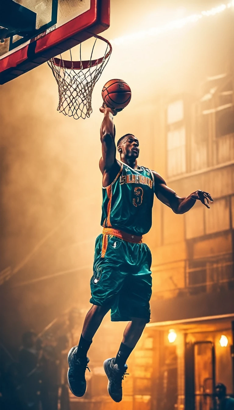 Realistic photography, full body shot, low angle shot, side view shot, game-winning one handed dunk, huge slum dunk, rear to basket with ball in hands over heads, winning points, long and high flight, suspended in the air,  full body shot, 8k, film grain, bokeh, shallow depth of field, cinematic hollywood film style 