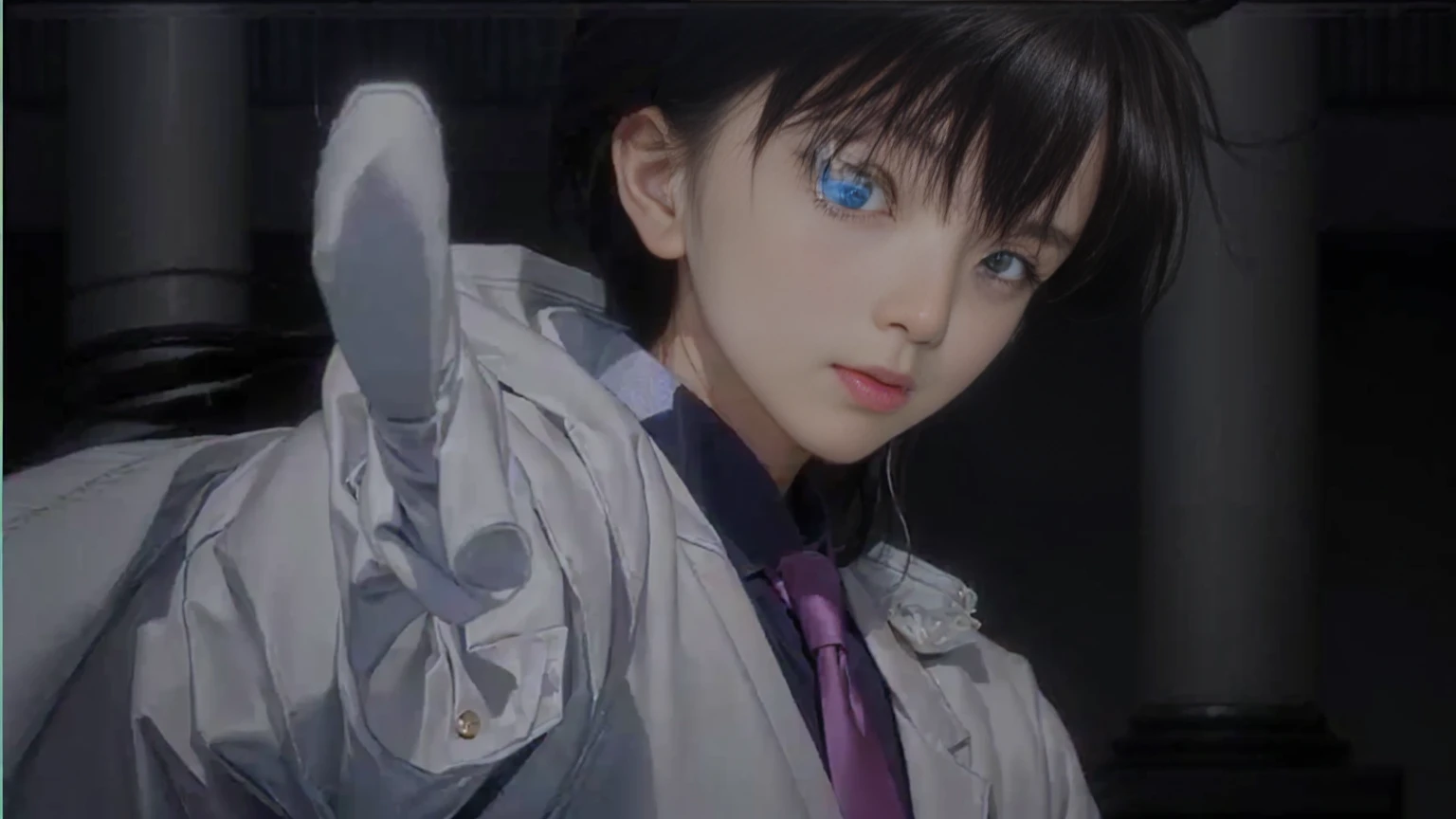 masterpiece, Highest quality, (Highly detailed CG Unity 8K wallpapers), (Highest quality), (Best illustrations), (Best Shadow), Absurd, Realistic lighting, (abyss), Beautiful sparkle, A cartoon character wearing a white coat and tie pointing at something, Shinji, Shinji ikari, makoto kano, aramaki Shinji, Another Iwakura, yukio - e, shinichi sakamoto, Another close-up of Iwakura, makoto shinka, close up of Another Iwakura, With index finger, Wearing a white coat