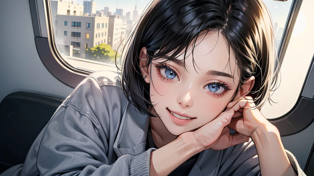 (perfect anatomy:1.2)(absurdres, highres, ultra detailed),masterpiece,best quality,high resolution,8k,Realistic face,Realistic skin texture,magnified textures, stunning clarity,detailed anime girl,(ultra detailed eyes and face),21years old,she is office worker,lunch time,イタリアンレストラン,city.,smile,grin:1.2,black hair, bob cut,natural make,grey jacket and pants,white brouse,light look at winfows,sparkling eyes.small nose,roundface,She looks happy, have a one smart phone.Clear morning light、in the train