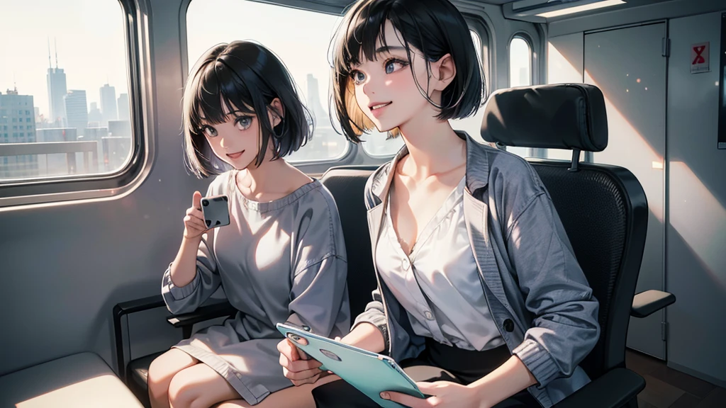 (perfect anatomy:1.2)(absurdres, highres, ultra detailed),masterpiece,best quality,high resolution,8k,Realistic face,Realistic skin texture,magnified textures, stunning clarity,detailed anime girl,(ultra detailed eyes and face),21years old,she is office worker,lunch time,イタリアンレストラン,city.,smile,grin:1.2,black hair, bob cut,natural make,grey jacket and pants,white brouse,light look at winfows,sparkling eyes.small nose,roundface,She looks happy, have a one smart phone.Clear morning light、in the train