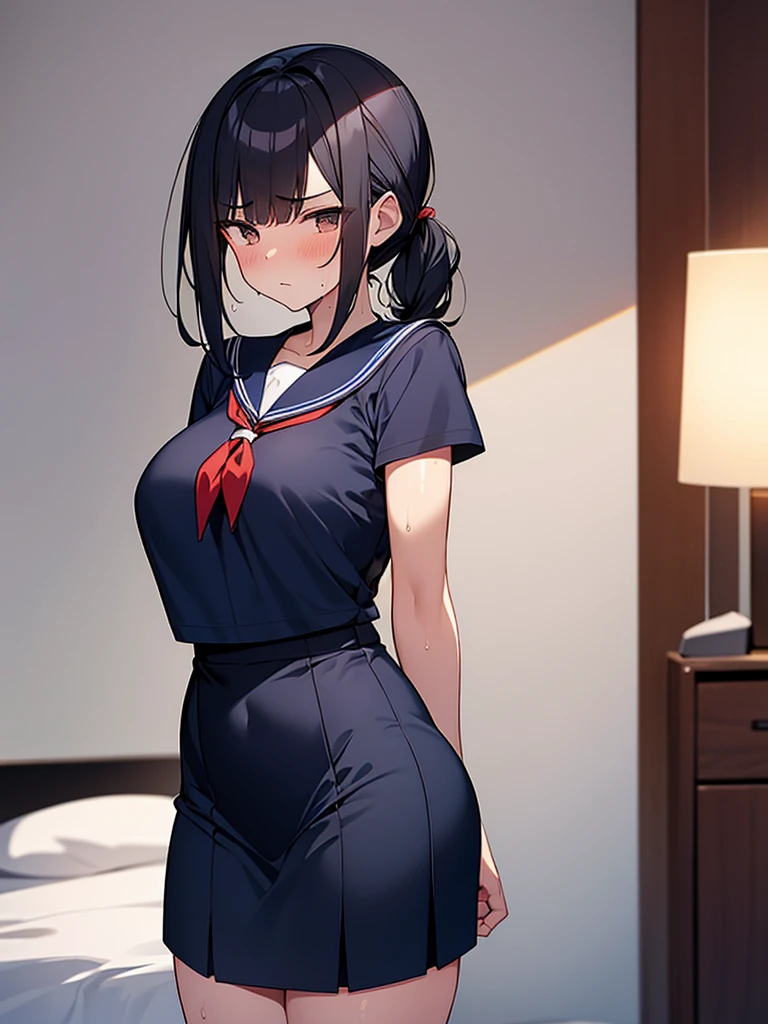Navy blue short-sleeved sailor suit:1.9 Dark blue skirt Anime drawing with vivid colors Tall woman:1.9 Standing pose, sweat, breasts, buttocks, troubled face, glaring, wrinkled brows, flushed cheeks, night:1.3 Apartment bedroom, white sheets, short black hair, ponytail:1.9 Straight hair, bangs swept to the side:1.9. Slanted eyes, brown eyes, tall, big breasts, strong-willed, beautiful