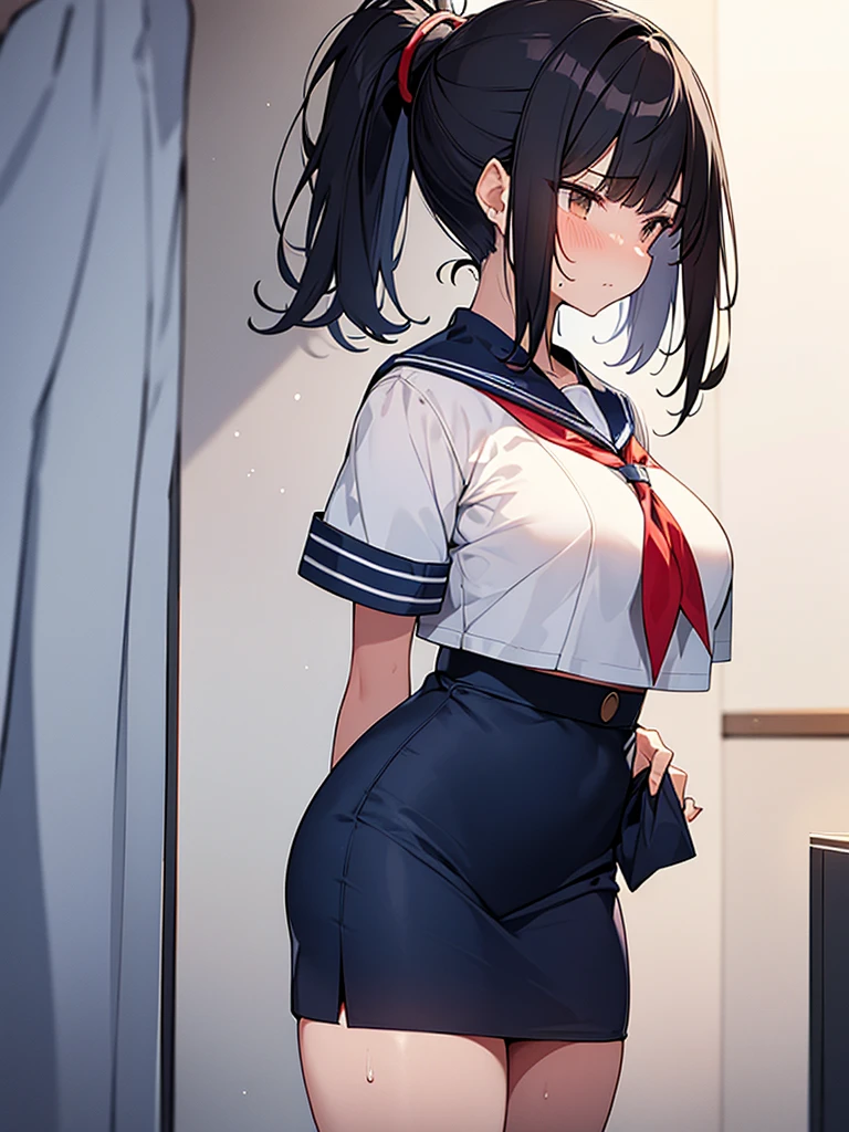 Navy blue short-sleeved sailor suit:1.9 Dark blue skirt Anime drawing with vivid colors Tall woman:1.9 Standing pose, sweat, , buttockled face, glaring, wrinkled brows, flushed cheeks, night:1.3 Apartment bedroom, white sheets, short black hair, ponytail:1.9 Straight hair, bangs swept to the side:1.9. Slanted eyes, brown eyes, tall, big breasts, st, beautiful
