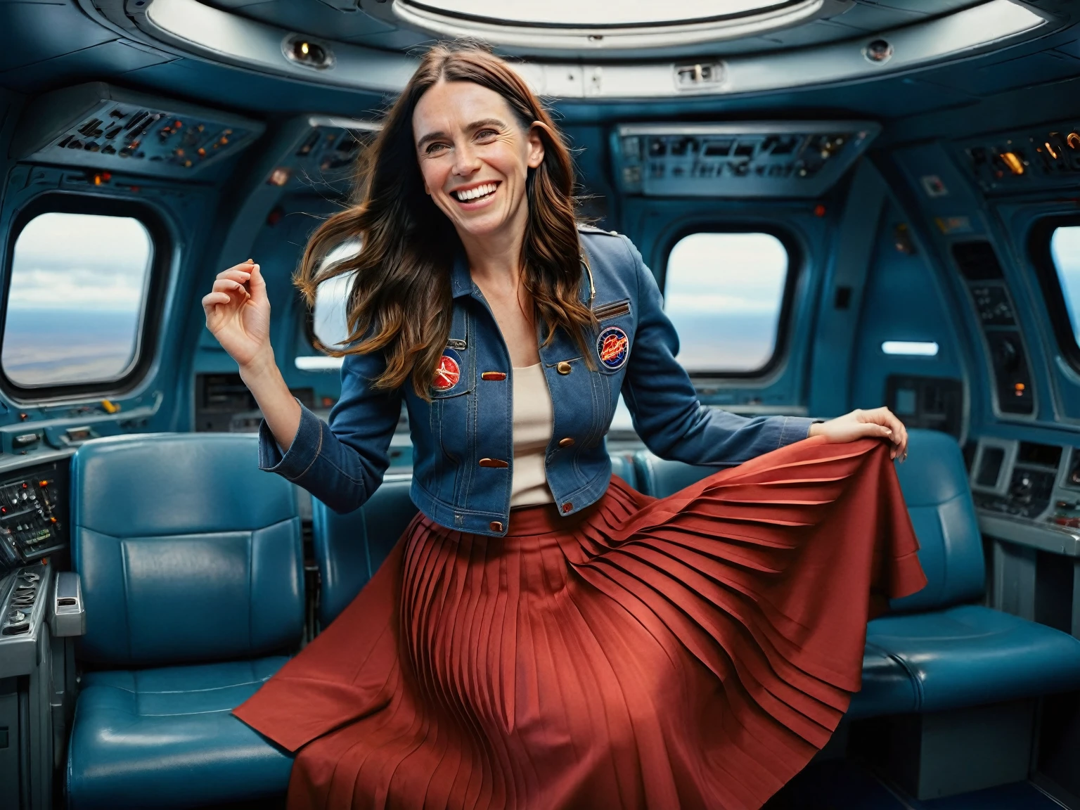 Insatiable Skirt lover and kind, shy woman Jacinda Ardern has Intense Orgasming love for her skirt, sitting and wearing (long pleated full circle skirt), uniform jacket and strapless low pump office shoes, (pronounced (feminine) features), (very windy), skirt is flowing wildly in the wind, inside a spaceship travelling through deep space, very, very intricate hyper-detailed symmetric (attractive graceful young feminine face) with (sad, tired eyes and a loving smile), very voluptuous breasts, full of empathy and compassion and love, (pronounced (feminine) features), (highly detailed ultra accurate realistic) hands and fingers, (windy), epic composition, highly detailed attributes, (35mm f1.4 Kodak portra 400 photograph), extremely high quality RAW photograph, highly detailed atmosphere, sci-fi, cinematic shot, dynamic lighting, 75mm, Technicolor, Panavision, cinemascope, sharp focus, fine details, 8k, HDR, realism, realistic, key visual, film still, superb cinematic color grading, depth of field