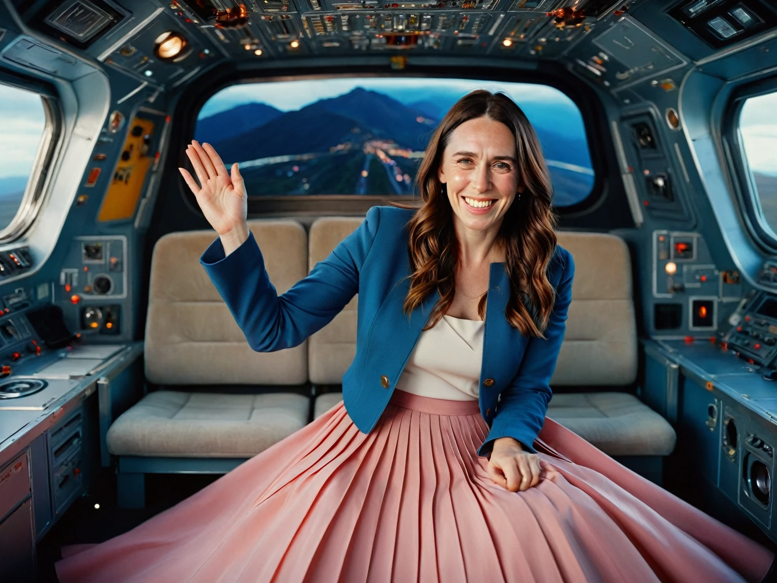 Insatiable Skirt lover and kind, shy woman Jacinda Ardern has Intense Orgasming love for her skirt, sitting and wearing (long pleated full circle skirt), uniform jacket and strapless low pump office shoes, (pronounced (feminine) features), (very windy), skirt is flowing wildly in the wind, inside a spaceship travelling through deep space, very, very intricate hyper-detailed symmetric (attractive graceful young feminine face) with (sad, tired eyes and a loving smile), very voluptuous breasts, full of empathy and compassion and love, (pronounced (feminine) features), (highly detailed ultra accurate realistic) hands and fingers, (windy), epic composition, highly detailed attributes, (35mm f1.4 Kodak portra 400 photograph), extremely high quality RAW photograph, highly detailed atmosphere, sci-fi, cinematic shot, dynamic lighting, 75mm, Technicolor, Panavision, cinemascope, sharp focus, fine details, 8k, HDR, realism, realistic, key visual, film still, superb cinematic color grading, depth of field
