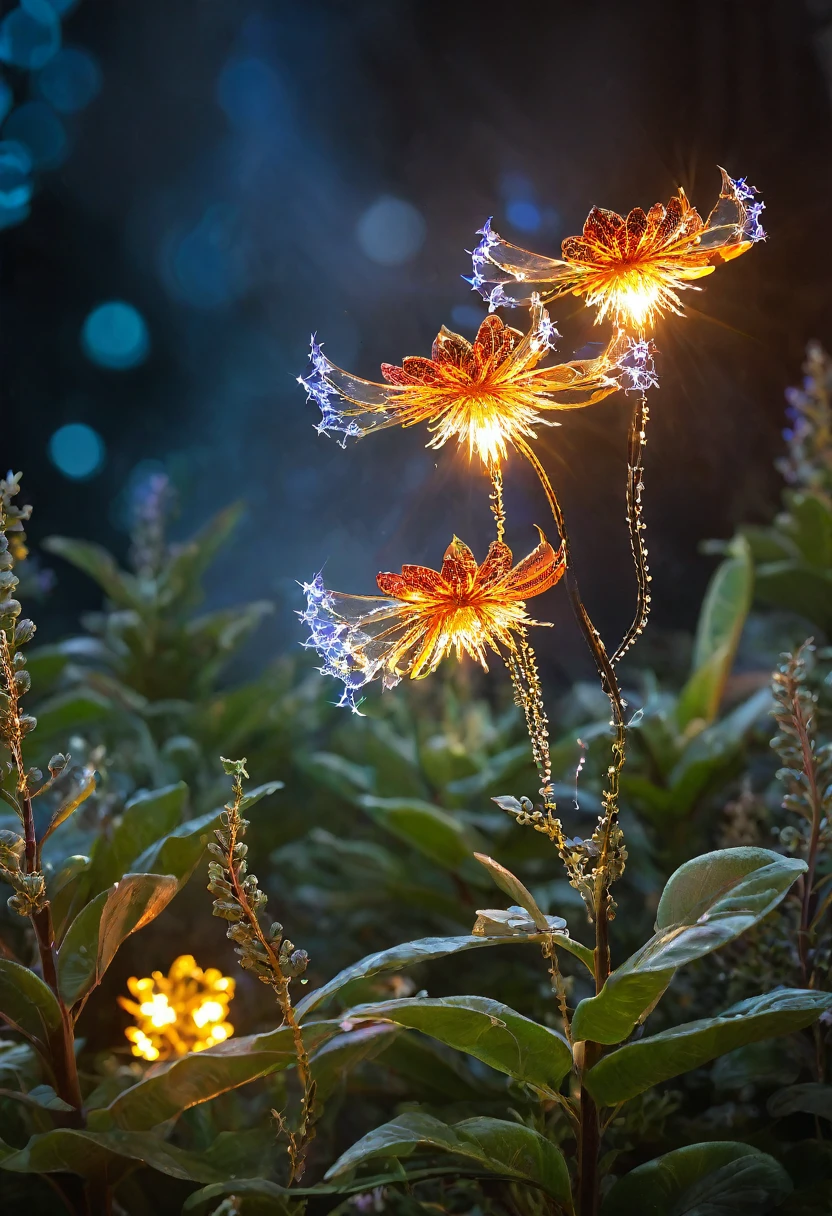 magical plants, crystal petals, flame leaf, metal coil stem, Glowing pollen is flying,