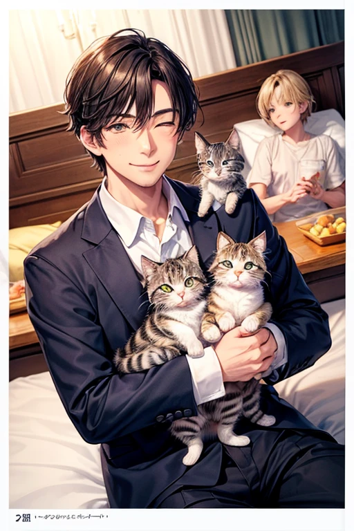 3 kittens,A man and his kitten,Man surrounded by kittens,smile,Refreshing Men,とびっきりの優しいsmile,Mouth wide open,blush,猫もsmile,bed