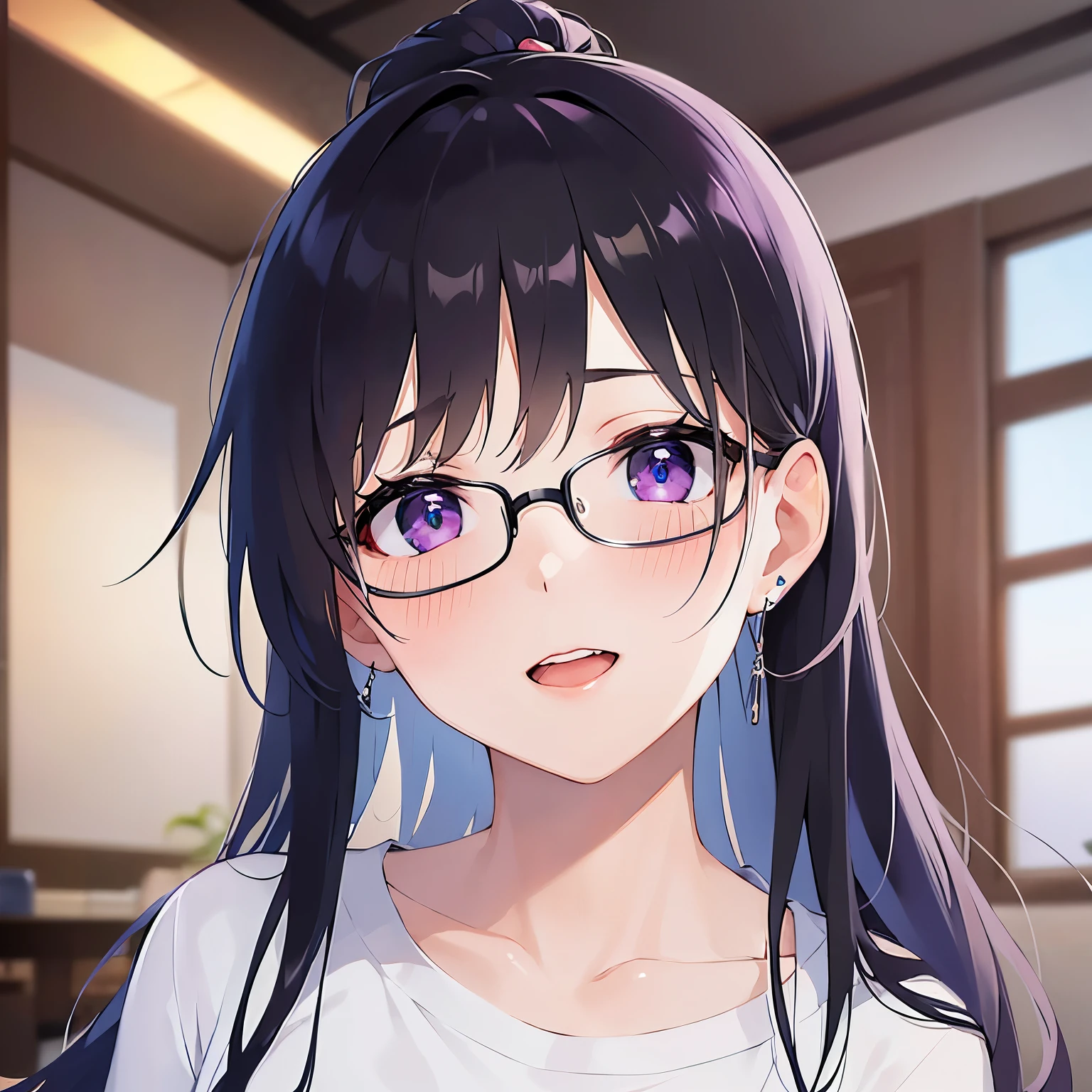 hand up, Biologically correct five fingers、plastic frame eyewear、Upper Body, Realistic, real person, (pale skin: 1.2), RAW photo, photorealistic, shiny skin, shiny hair、(25 year old woman with bangs) and (ponytail) and (black hair) and (purple eyes) , (White T-shirt) 、smile , open mouth, (blush:1.2), The background is the living room at night、Alone、Are standing、