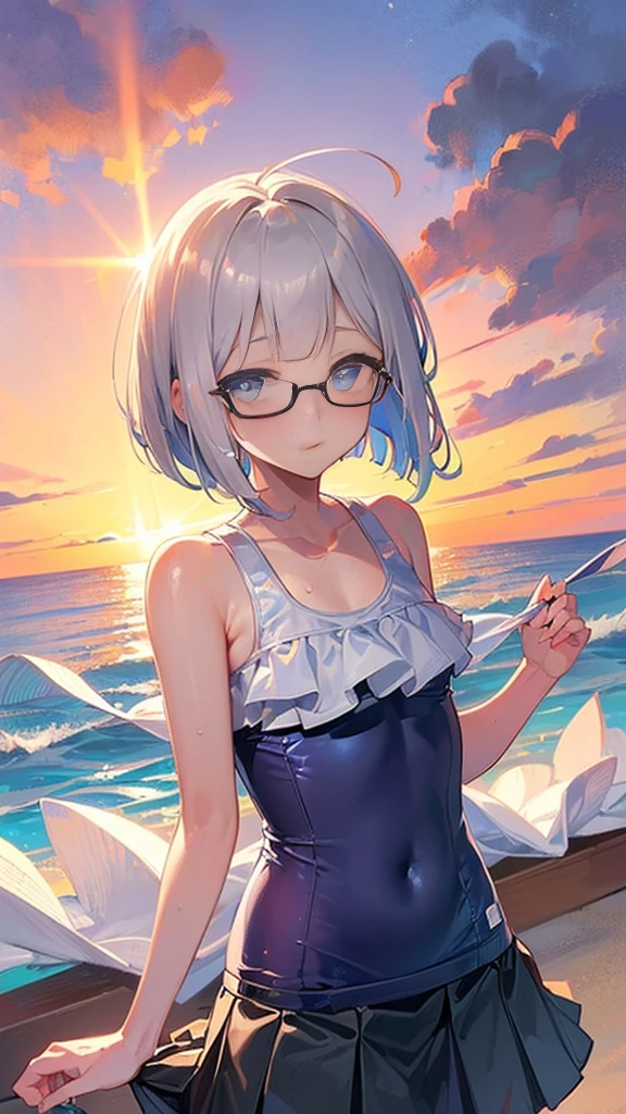 (((There are lots of people in swimsuits in the background)))、(((Silver bob with a bluish center))) (Square frame glasses)、 (((Sparkling blue eyeid-chest)((Swimsuit with skirt))(Background sunset beach)