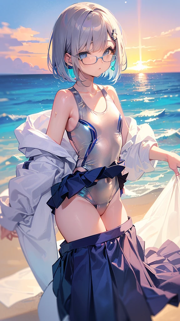 (((There are lots of people in swimsuits in the background)))、(((Silver bob with a bluish center))) (Square frame glasses)、 (((Sparkling blue eyeid-chest)((Swimsuit with skirt))(Background sunset beach)