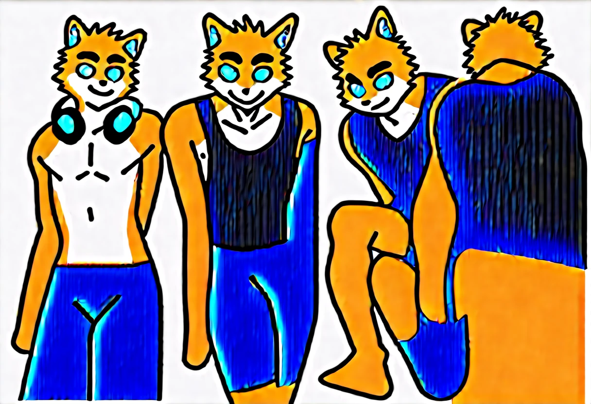score_9, score_8_up, score_7_up, male, furry, high quality, hires, anthro, ager, 16 ymestic cat, bright yellow fur, blue eyes, wide brown eyebrows, an excited expression, humanoid feet, slim body, prominent v-line, prominent abs, prominent legs, prominent forearm, prominent knees, white background, treasure trail, armpit hair, furry legs, in various sexy poses, headphones, casual clothes, joggers, black tank top, shorts, selfie