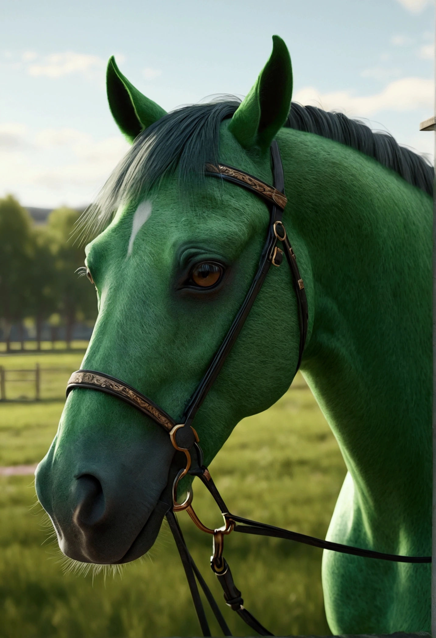 a green horse, detailed realistic 3d render, hyperrealistic, highly detailed, intricate details, 4k, octane render, cinematic lighting, dramatic lighting, volumetric lighting, photorealistic quality, award winning digital art
