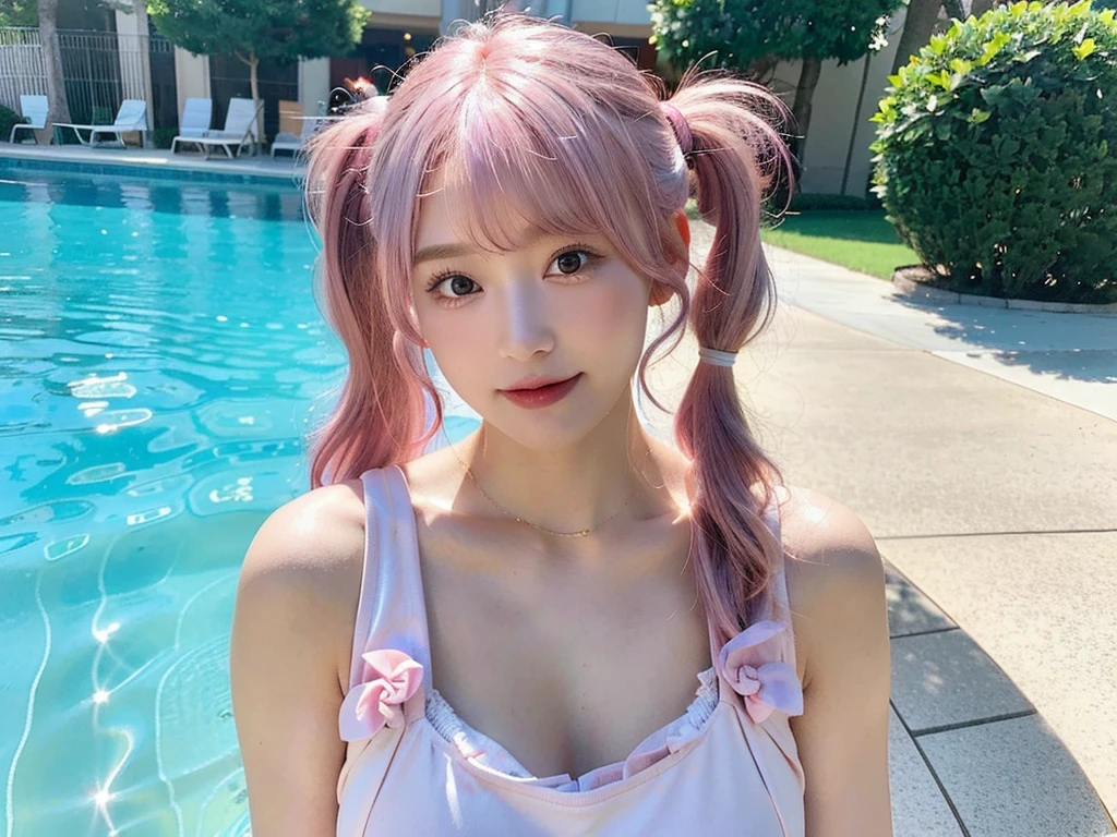 Shot with a top-of-the-line camera. highest quality, ultra-detailed, intricately detailed, high resolution, 8k, (very large breasts:1.3), (pink hair in twintails:1.3), Wearing a pure white swimsuit, she is by the poolside on a perfect sunny day. A youthful look of about 15 years old. Slim and well-proportioned, fair skin, her cleavage is visible, 