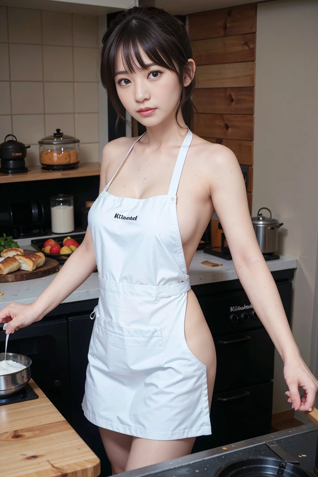 (In 8K、Highest quality、masterpiece:1.2)、(Realistic、Photorealistic:1.2)、A woman is cooking, (naked_apron:1.3), Good move,4K, High resolution, masterpiece, Highest quality, head:1.3,((Hasselblad Photography)), Detailed skin, hand up to head back, Sharp focus, (Cinema Lighting), Soft lighting, Dynamic Angle, [:(Detailed face:1.2):0.2], Large Breasts, Sweaty skin:1.2, (((Inside the kitchen)))