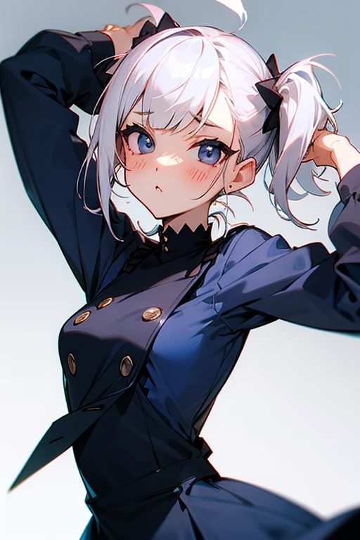 Short white hair, blush, Navy Blue Dress、Punk Fashion、Headbang 2.、Twin tails、sharp、
