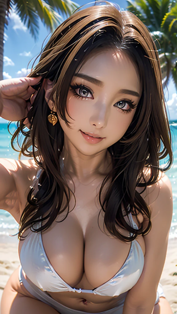 Very detailed, beautiful, highest quality, Professionally taken photos, Like a poster, detailed beautiful round eyes, beautiful detailed face, Whole Body Ezbian, Medium Long Hair, Casual Hairstyles, (Random color hair, Golden mesh), Big eyes, Random color eyes, Long eyelashes, Thick mascara, Dark eyeliner, (Huge breasts), (Bust about to burst:1.25), Wide selection, Thick waist), (Wide Hips:1.25, Toned thighs, Body Curves), 40 years old, woman, (White highleg bikini swimwear, white), (Tight dress, Mini thght dress), Perfect Face, Perfect body, Sexy pose, (A shy smile), Random Location, nature, (alone), The light on my face,