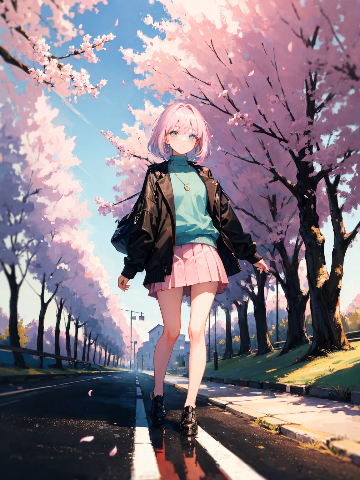 masterpiece, best quality, ultra-detailed, illustration, wide angle, 1girl stand in the middle of road, solo, road in the middle and pink cherry trees on roadside, full body, 20 yo, pink hair, sweater, short skirt, fashion,, composition, balance, harmony, rhythm, color, light, shadow, reflection, refraction, tone, contrast, foreground, middle ground, background, naturalistic, figurative, representational.