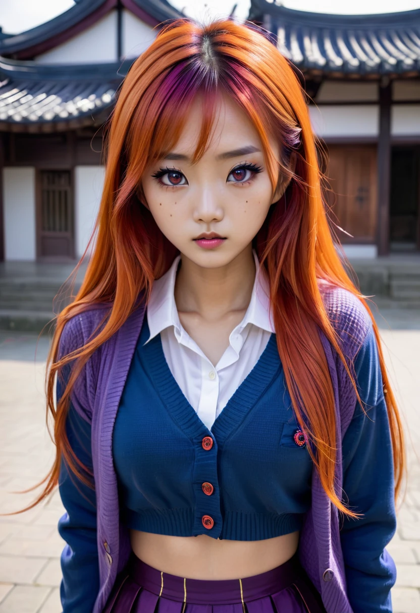 Asian girl, Long orange hair, scars, red and black eye, White shirt, blue cardigan purple skirt