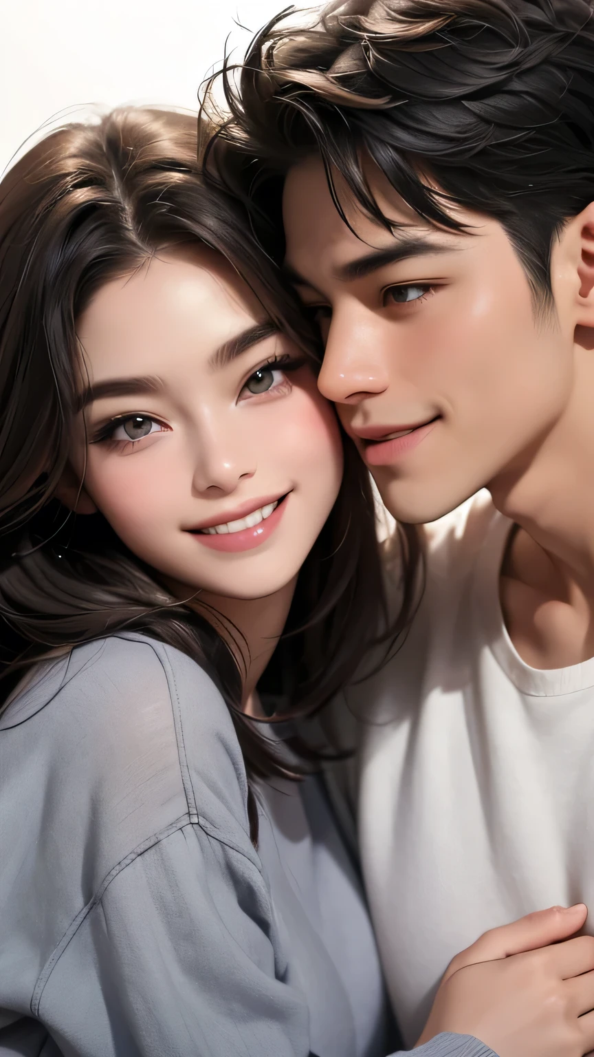 A man and a woman in loose, refreshing clothes are rubbing cheeks together、Looking straight at the camera and smiling, The background is a plain gray gradient, Close-up
