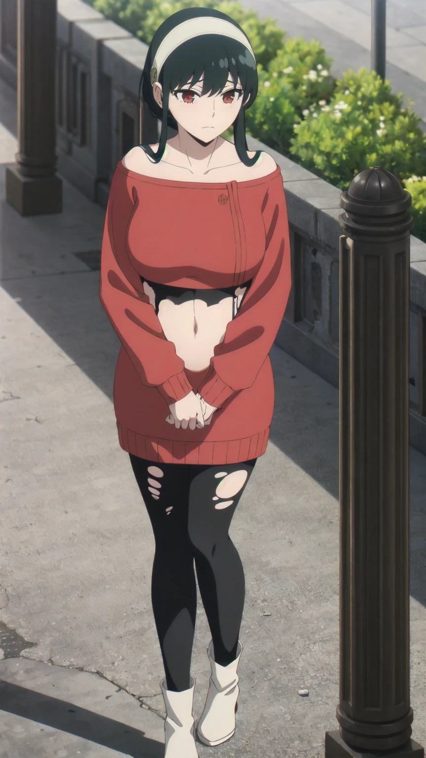 View your viewers,alone,
Yoforger,One girl,
Black Hair,Long hair short hair,
White hair band,
Off the shoulder,Red sweater,
Black Pantyhose,
boots,Torn clothes、NSFW、tits、Nipples、
city,Natural light,Outdoor,(Tucked up、tits丸見え、belly button、Nipples)、sad