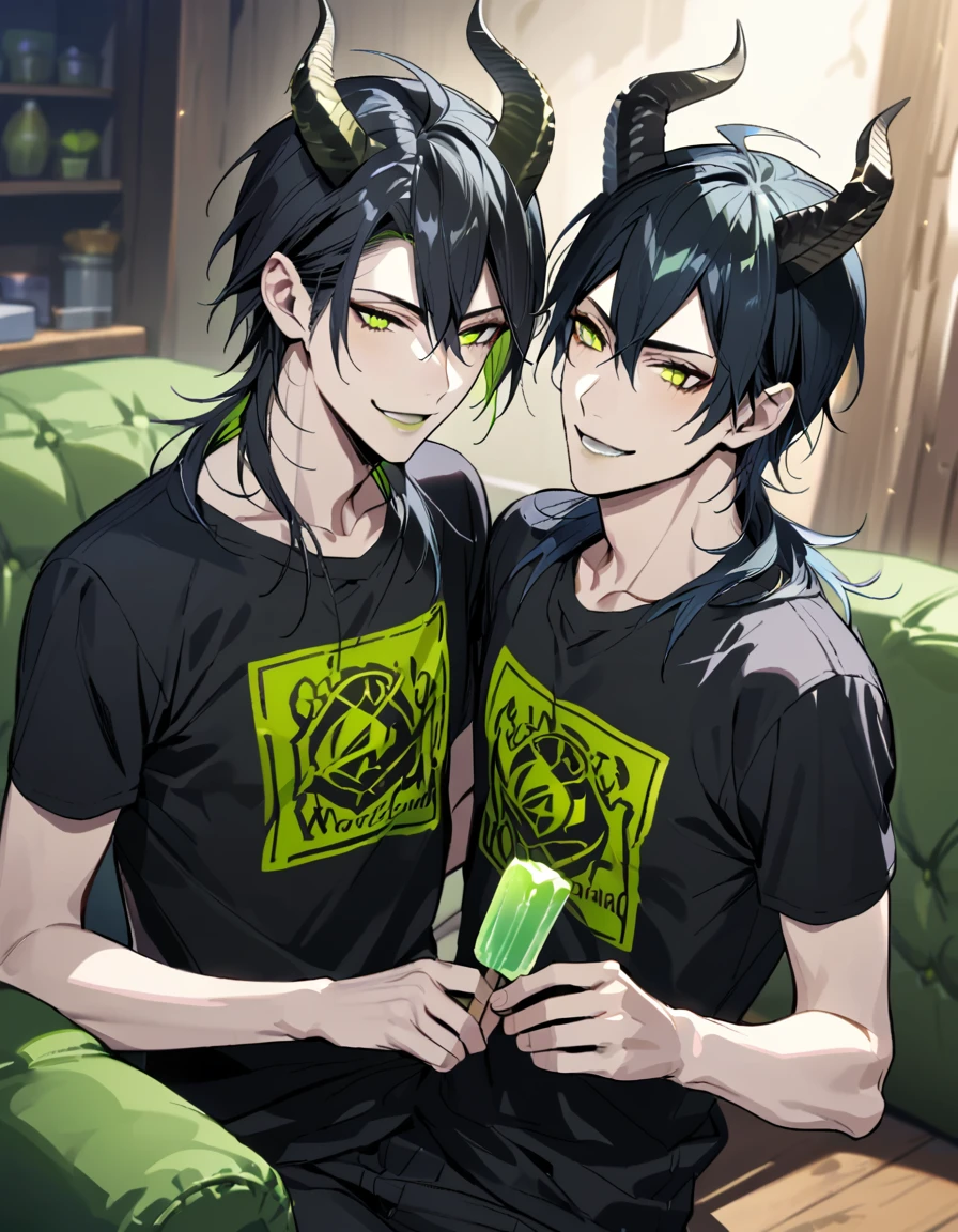 masterpiece, best quality, extremely detailed, anime , upper body, ((2boys)), BL, male focus, ikemen:1.5, looking at each other, holding ice candy, T-shirt, short sleeves, room, sitting on sofa,full body, malleus draconia (twisted wonderland) horns, bishounen, boy, male, yana Toboso style, long hair, black hair, yellow green eyes, smile, gray lips, handsome, skinny, tall, yellow green glow,AddXL