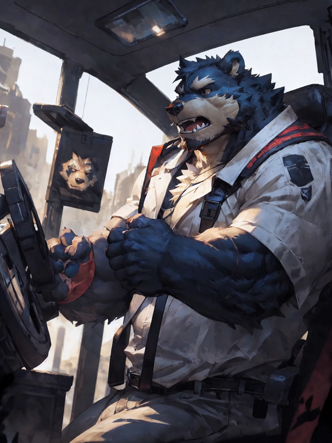 furry character,A very tall and strong bear,He sat in the driver's seat,His face looked frightened and he struggled,A mass of black mucus was getting into his mouth,(black eyes:1.5),by null-ghost,by lindong