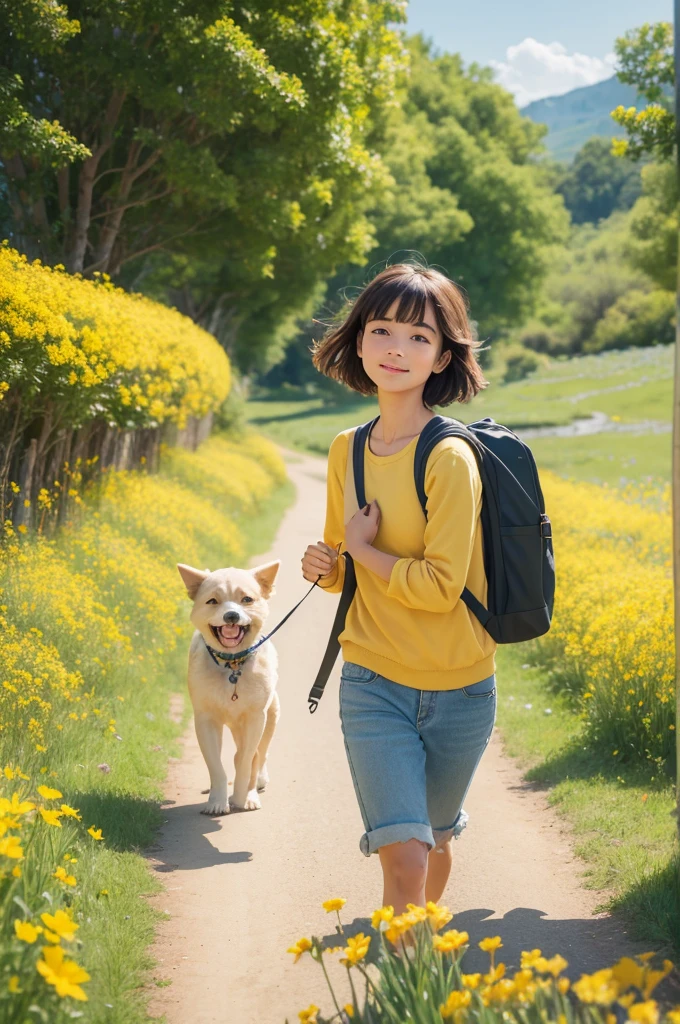 An incredibly charming man carrying a backpack, accompanied by her adorable puppy, enjoying a beautiful spring walk surrounded by beautiful yellow flowers and natural scenery. The illustration is in high definition with 4k resolution, with highly detailed facial features and cartoon-style visuals, (butterfly dance)