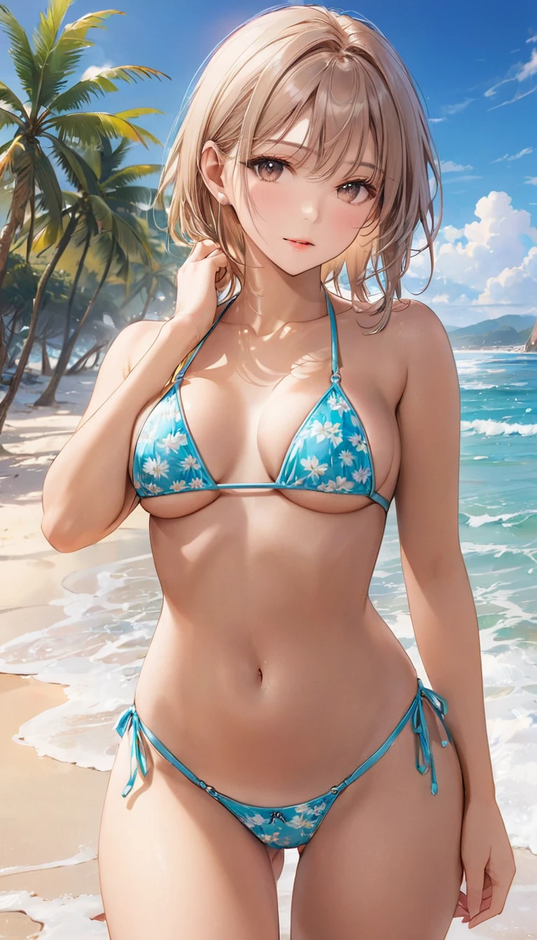 (masterpiece),(Highest quality),(Super detailed),(High resolution),(Highest quality),(An illustration),8k,woman,Shiny skin,Beautiful Skin,Beautiful Face,Micro Bikini,Sandy Beach,front,(Swayback stance)