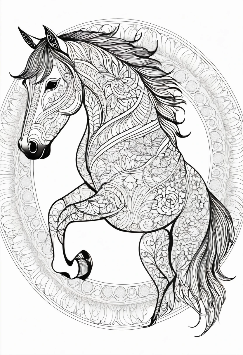 A striking black and white line art coloring page designed for adults with white background, featuring a majestic horse in a mandala-inspired style. The horse is adorned with intricate patterns that include floral and geometric designs, making it an engaging and detailed work of art. The illustration focuses on crisp, clean lines and bold outlines, without any shading or color, allowing the user to bring their own vibrancy to the piece. The minimalistic design, with its thick lines and absence of background details, creates a soothing coloring experience for adults seeking calming and creative activities. illustration