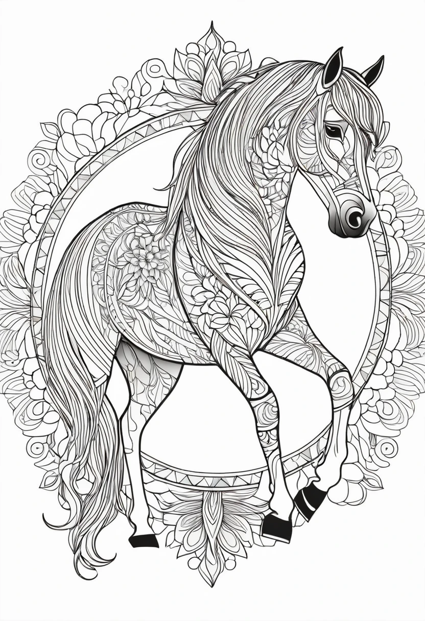 A striking black and white line art coloring page designed for adults with white background, featuring a majestic horse in a mandala-inspired style. The horse is adorned with intricate patterns that include floral and geometric designs, making it an engaging and detailed work of art. The illustration focuses on crisp, clean lines and bold outlines, without any shading or color, allowing the user to bring their own vibrancy to the piece. The minimalistic design, with its thick lines and absence of background details, creates a soothing coloring experience for adults seeking calming and creative activities. illustration