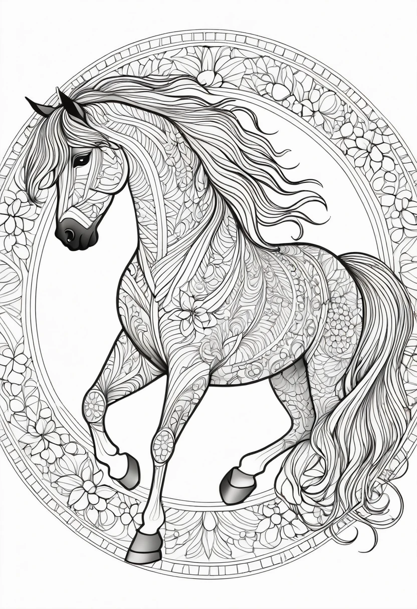 A striking black and white line art coloring page designed for adults with white background, featuring a majestic horse in a mandala-inspired style. The horse is adorned with intricate patterns that include floral and geometric designs, making it an engaging and detailed work of art. The illustration focuses on crisp, clean lines and bold outlines, without any shading or color, allowing the user to bring their own vibrancy to the piece. The minimalistic design, with its thick lines and absence of background details, creates a soothing coloring experience for adults seeking calming and creative activities. illustration