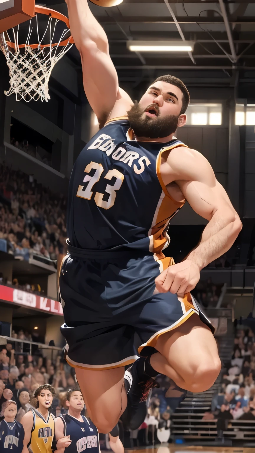 One boy, (Dunk Shot), cowboy shot, basketball, Basketball goal, Sportswear, Indoor professional arena, Vivid lighting, The audience is going wild, The final seconds of the final, The moment you jump high, A powerful figure heading towards the ring,beard, Glasses, obesity