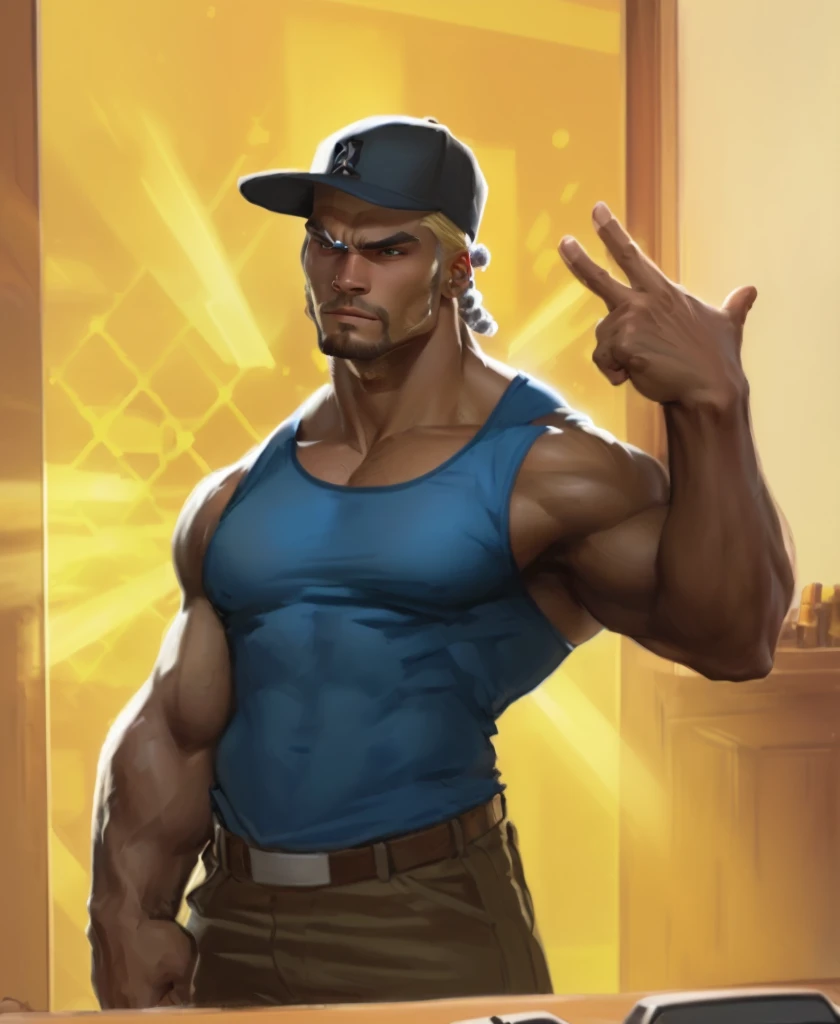 cartoon of a man in a baseball cap standing in front of a table, buff man, very buff, technoviking male with no shirt, heavy gesture style closeup, super buff and cool, inspired by Daryush Shokof, chest high, name of the character is chad, beefcake pose, snoop dogg in mortal kombat, heavy looking, muscular character, muscular!