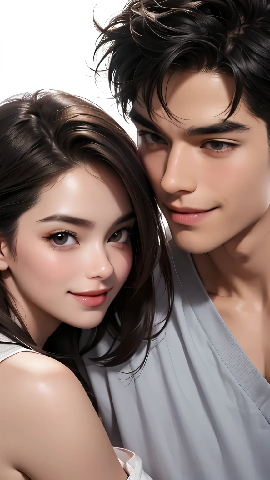 A man and a woman in loose, refreshing clothes are rubbing cheeks together、Looking straight at the camera and smiling, The background is a plain gray gradient, Close-up