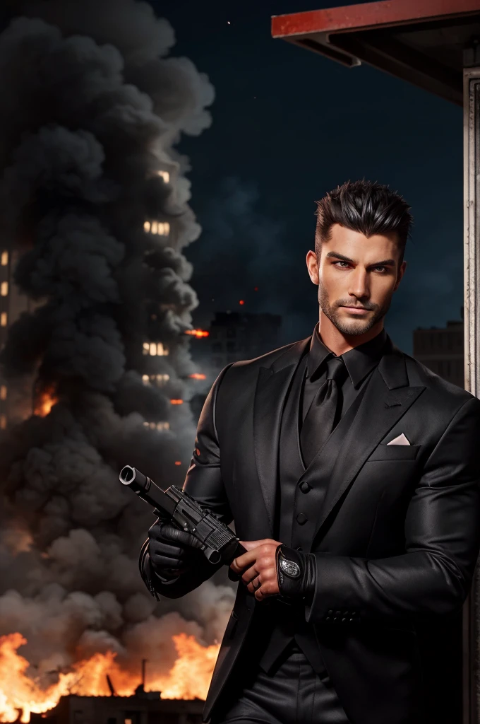 "A tall buff guy having wolfcut and whit hairs wearing a black tuxedo jacket and gloves having gun in his hands, red eyes and smirk, burning building in the background semi realistic art style"