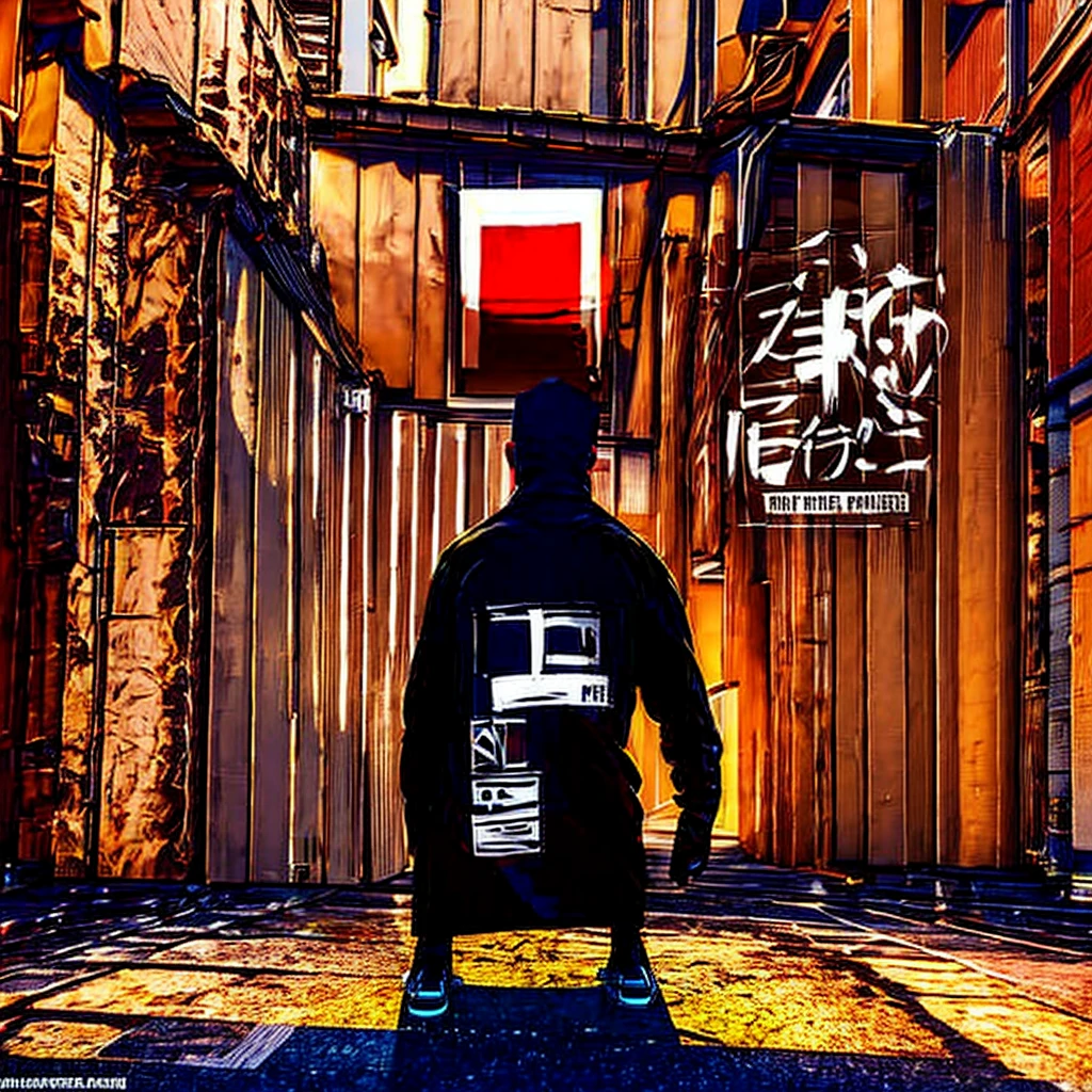 progressive hip hop music album cover, half light, half shadow, face of a man looking forward with a sad look,with this letter, dark futuristic realistic Title: "Between Shadows and Hope"