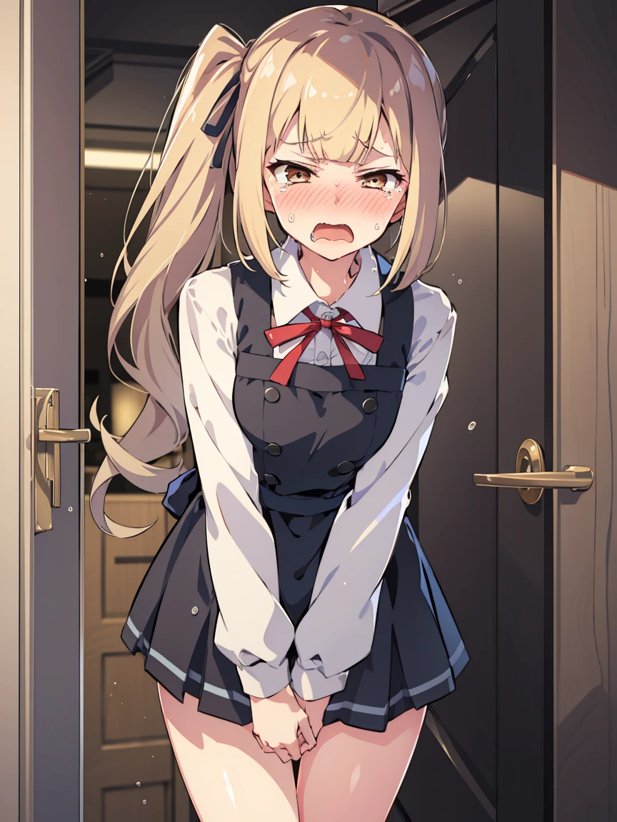 Kasumi Kai, Side Ponytail, hair ribbon, Apron dress, shirt, ribbon, Long sleeve, (Small breasts, Small body), (low length:1.2), One  , alone, looking at viewer
break 
(software:1.3), I want to pee, Place your hands between your legs, Leaning forward, Inner thighs, (trembling:1.2), 
break
(anger), (Are crying), (blush), (Open your mouth:1.3), wavy mouth
break
official art, Masterpiece, Highest quality, Highest Resolution, 8k, Most detailed, Extremely elaborate hands, Very elaborate fingers, Highly detailed mouth, perfect anatomy
break
(door, workroom), Dust, Dust, Particles of light, Extremely finely detailed 16K CG wallpaper