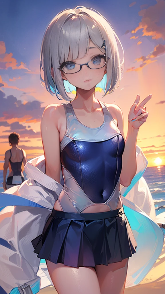 (((There are lots of people in swimsuits in the background)))、(((Silver bob with a bluish center))) (Square frame glasses)、 (((Sparkling blue eyeid-chest)((Swimsuit with skirt))(Background sunset beach)