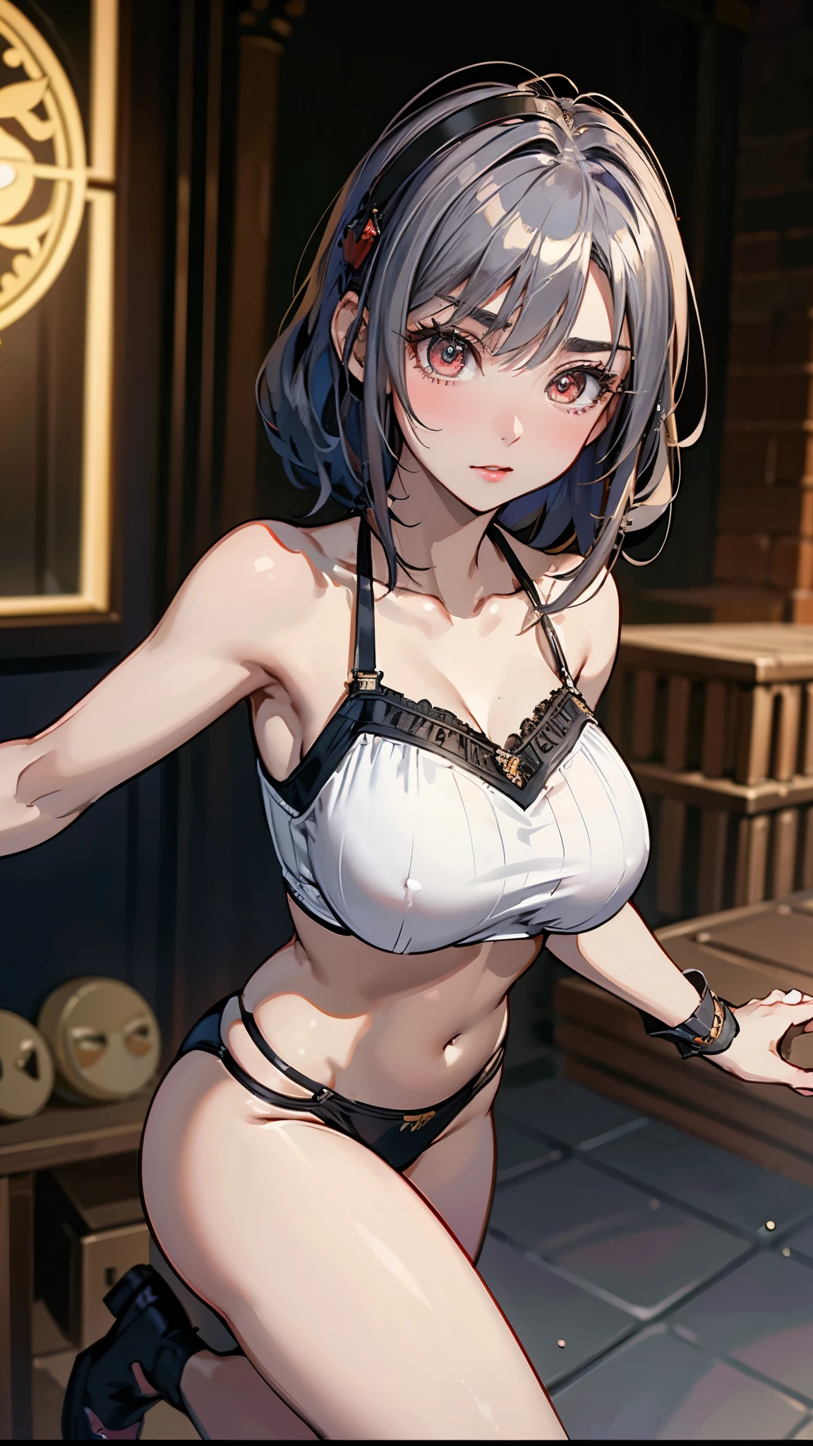 Headphones, red cheeks, detailed details (face, eyes, eyebrows, eyelashes) , fighting pause, official art, masterpiece, highest quality, portrait photo of one girl, , wearing a fight girl(herf bikini, silver color, metallic, ) 8k, colorful, semi short hair, high resolution, ( butt:1.2)(headphones:1.2), (excellent rendering, stands out in its class), (great detail, good lighting, wide angle), breasts (0.5), plump thighs, absolute area, detailed background, maro brows,