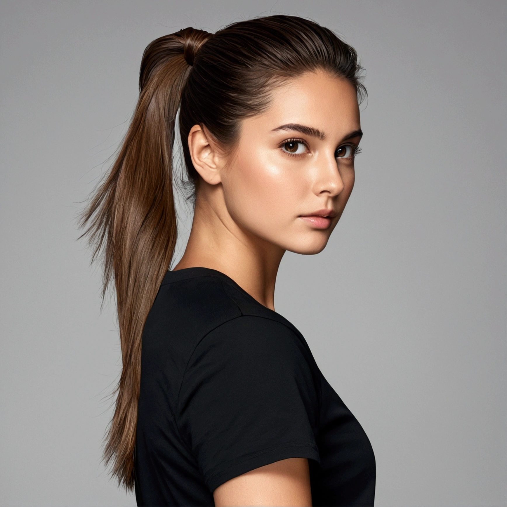 Brown hair, pulled back into a ponytail, Brown eyes, blank look, bright skin, black T-shirt and black shorts 