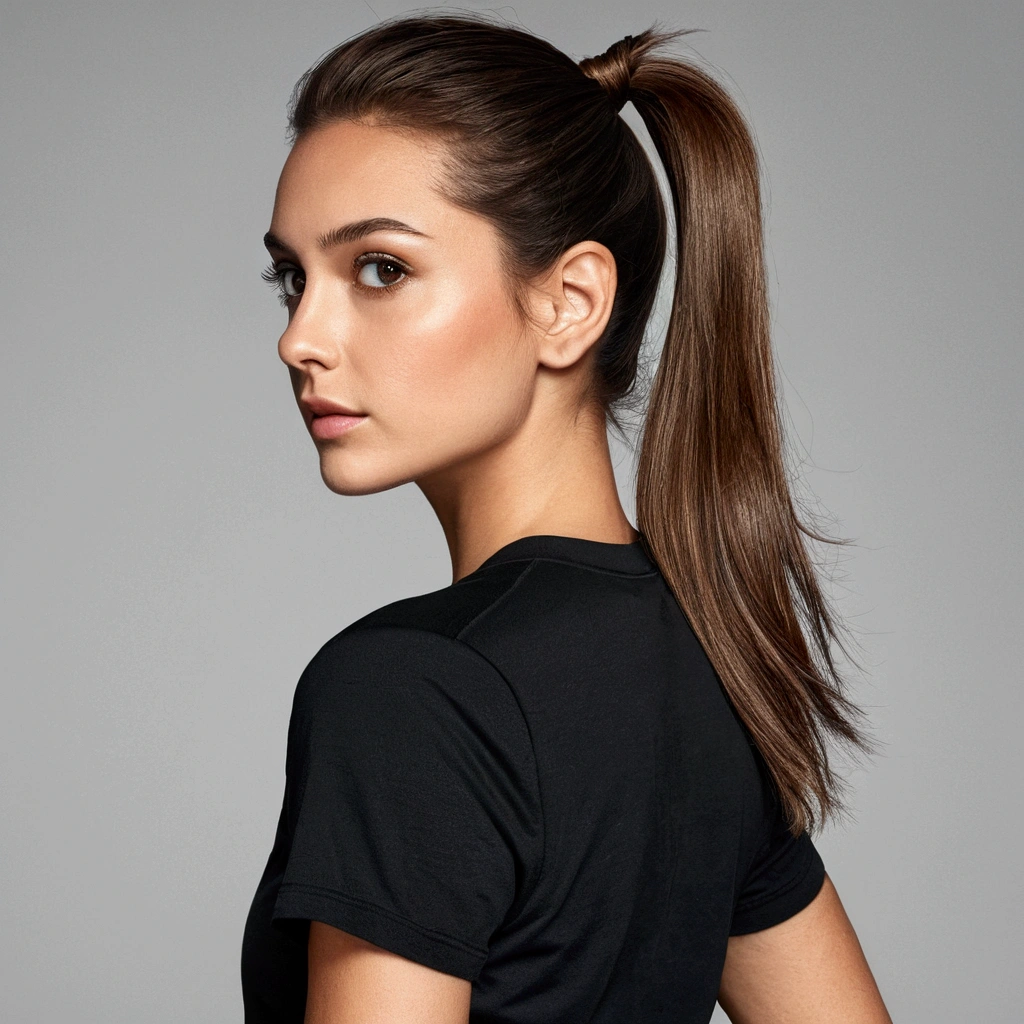 Brown hair, pulled back into a ponytail, Brown eyes, blank look, bright skin, black T-shirt and black shorts