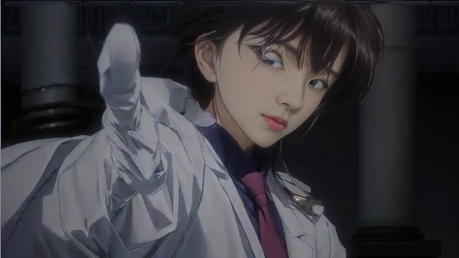 masterpiece, Highest quality, (Highly detailed CG Unity 8k wallpaper), (Highest quality), (Best illustrations), (Best Shadow), Absurd, Realistic lighting, (abyss), Beautiful sparkle, A cartoon character wearing a lab coat and tie and pointing at something, Shinji, Shinji ikari, makoto kano, aramaki Shinji, Another Iwakura, yukio - e, shinichi sakamoto, Another close-up of Iwakura, makoto shinka, Another close-up of Iwakura, With index finger, Wearing a white coat