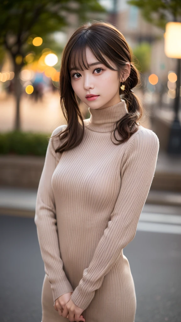 ((Browsing Caution))、(masterpiece:1.5)、(Realistic:1.5)、(Highest quality:1.4、8k、RAW Photos)、 Ultra-high resolution、Professional Lighting、Perfect dynamic composition、chromatic aberration、(Bokeh:1.1)、 Sophisticated、charm、超Realistic、Attention to detail、Golden Ratio、 (1 girl)、Slender girl、繊細でcharm女の子、Cute Woman:1.4、 Looking at the audience、Light brown hair、Shiny Hair、Hairstyle: Ponytail、 Realistic Skin、Beautiful Eyes、double eyelid、Thin arms、(She is wearing a ribbed turtleneck sweater dress.:1.3)