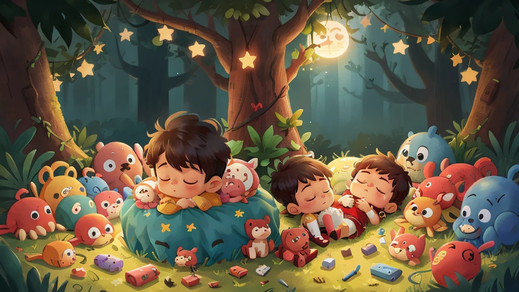 At night, under the stars, a newborn baby is sleeping soundly with toys placed around him.